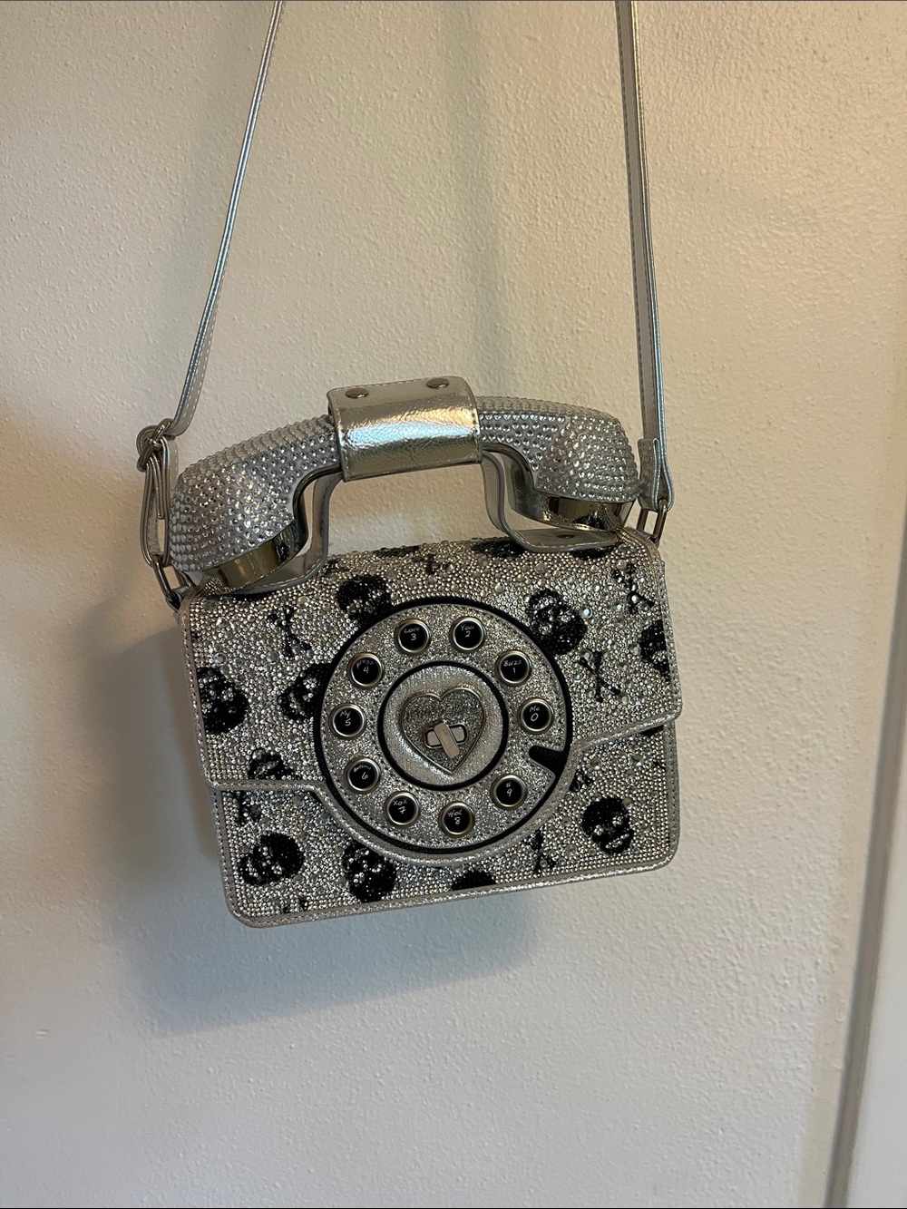 Betsey Johnson Silver Glitter Novelty Telephone Crossbody Bag with Black Accents - Picture 2 of 5